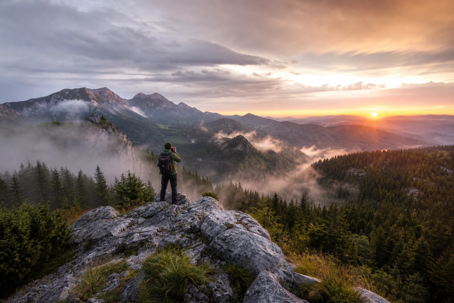 Premium mountain travel photography at sunrise