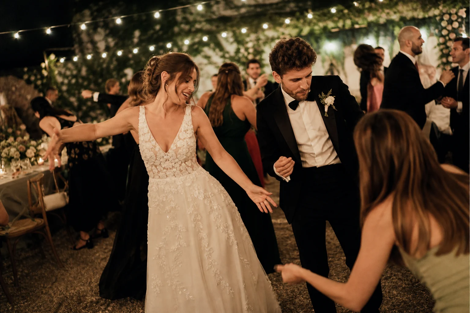 Wedding reception dance floor photography under warm lights